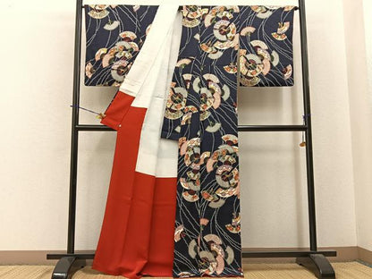 平和屋着物■上質な小紋　扇面花文　濃紺地　金彩　西武百貨店扱い　正絹　逸品　BAAY6187hj