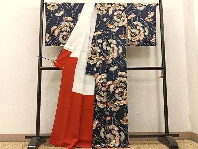 平和屋着物■上質な小紋　扇面花文　濃紺地　金彩　西武百貨店扱い　正絹　逸品　BAAY6187hj