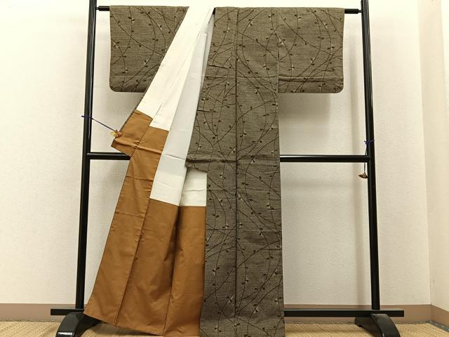 平和屋着物■上質な紬　草葉文　正絹　逸品　BAAY6191hj
