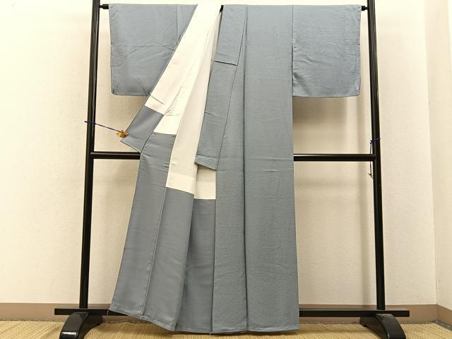 平和屋着物●上質な色無地　寿光織　本草木染　花地紋　灰青色　反端付き　正絹　逸品　未使用　BAAY6236hj
