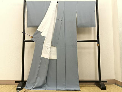平和屋着物●上質な色無地　灰青色　ロング丈　正絹　逸品　BAAY6245hj