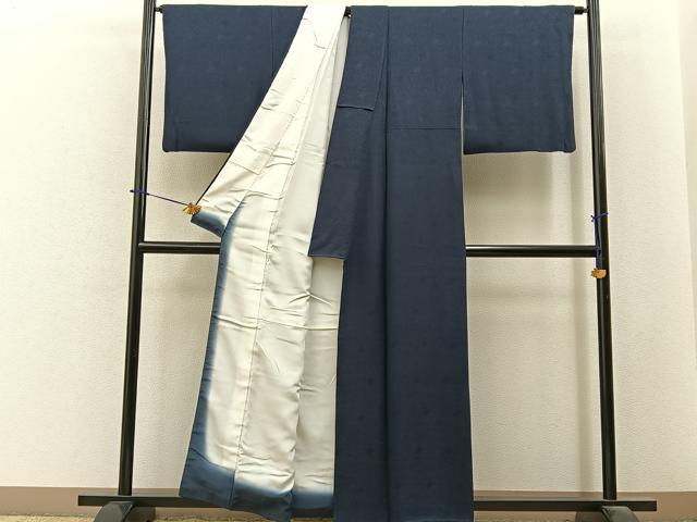 平和屋着物■上質な色無地　桐唐草地紋　藍鉄色　正絹　逸品　BAAY6254hj