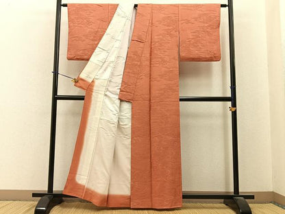 平和屋着物■上質な色無地　立波地紋　柿色　正絹　逸品　BAAY6275hj