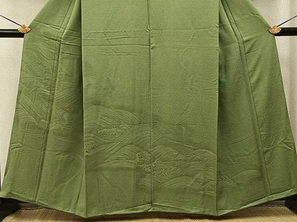 平和屋着物■無地絵羽訪問着　立波地紋　黄海松茶色　正絹　逸品　BAAY6284hj