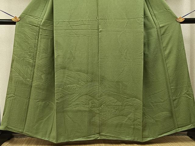 平和屋着物■無地絵羽訪問着　立波地紋　黄海松茶色　正絹　逸品　BAAY6284hj