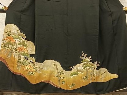 平和屋着物■豪華黒留袖　駒刺繍　松竹梅　金彩　正絹　逸品　BAAY6298hj