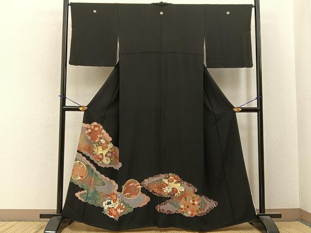 平和屋着物■豪華黒留袖　駒刺繍　雲取花文　金彩　正絹　逸品　BAAY6307hj