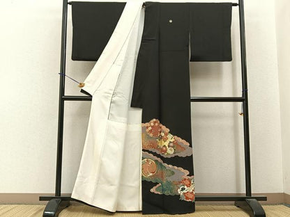 平和屋着物■豪華黒留袖　駒刺繍　雲取花文　金彩　正絹　逸品　BAAY6307hj