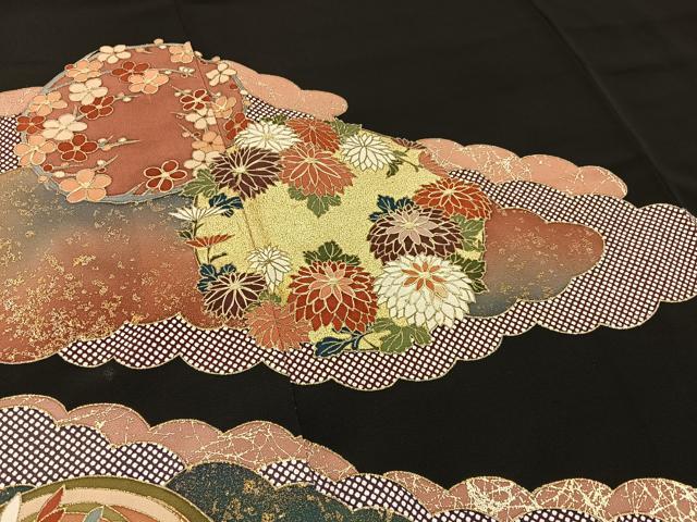 平和屋着物■豪華黒留袖　駒刺繍　雲取花文　金彩　正絹　逸品　BAAY6307hj