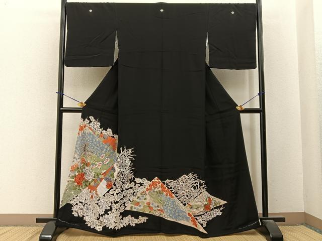 平和屋着物■豪華黒留袖　駒刺繍　孔雀花文　金彩　正絹　逸品　BAAY6308hj