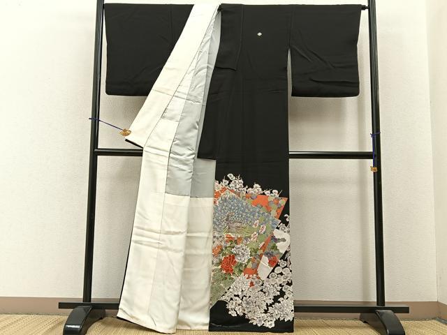 平和屋着物■豪華黒留袖　駒刺繍　孔雀花文　金彩　正絹　逸品　BAAY6308hj