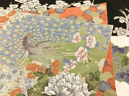平和屋着物■豪華黒留袖　駒刺繍　孔雀花文　金彩　正絹　逸品　BAAY6308hj
