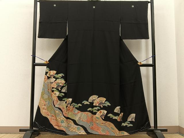 平和屋着物■豪華黒留袖　訪問着　扇面花文　金彩　正絹　逸品　未使用　BAAY6309hj