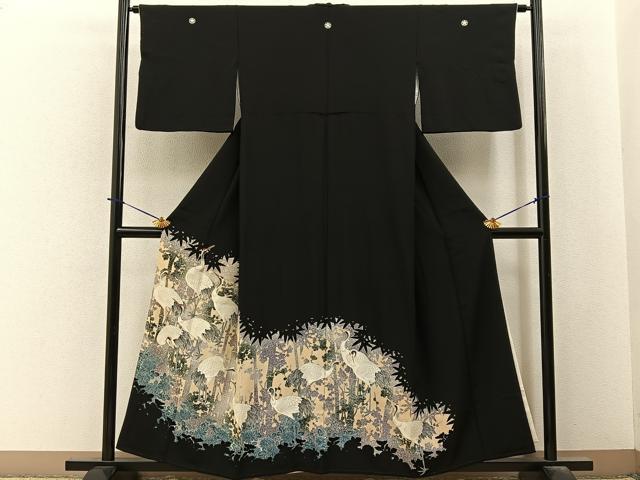平和屋着物■豪華黒留袖　刺繍　群鶴　金糸　正絹　逸品　BAAY6310hj
