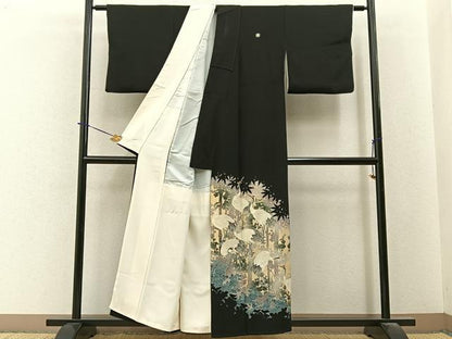平和屋着物■豪華黒留袖　刺繍　群鶴　金糸　正絹　逸品　BAAY6310hj
