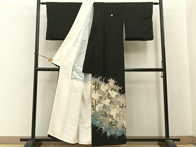 平和屋着物■豪華黒留袖　刺繍　群鶴　金糸　正絹　逸品　BAAY6310hj