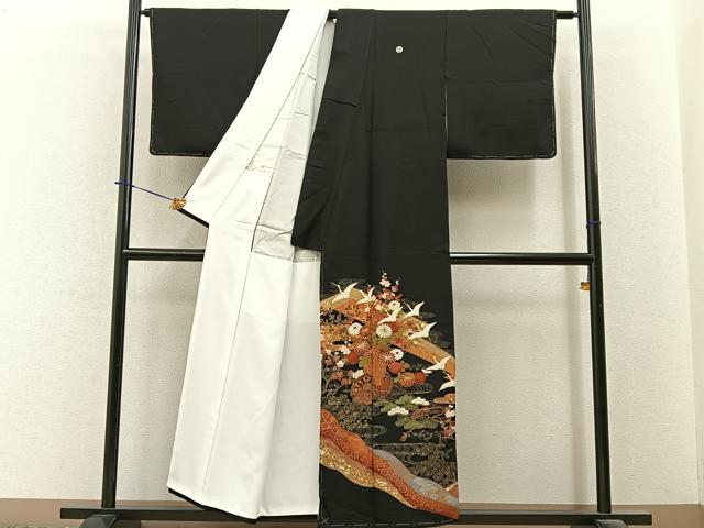 平和屋着物■豪華黒留袖　駒刺繍　飛鶴花車文　金彩　正絹　逸品　BAAY6328hj