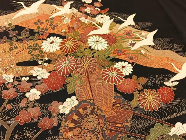 平和屋着物■豪華黒留袖　駒刺繍　飛鶴花車文　金彩　正絹　逸品　BAAY6328hj