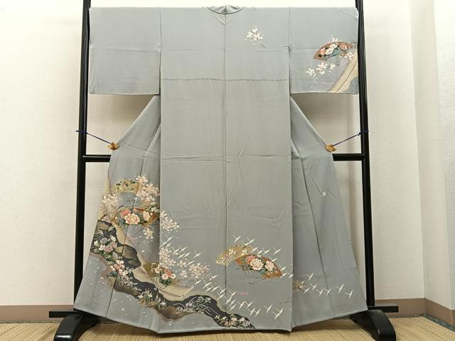平和屋着物■訪問着　作家物　駒刺繍　飛鶴扇面花文　金彩　正絹　逸品　BAAY6334hj