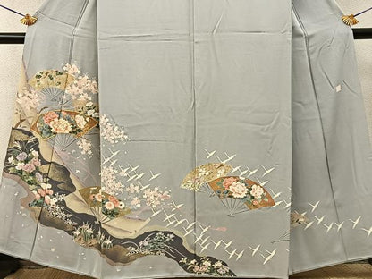 平和屋着物■訪問着　作家物　駒刺繍　飛鶴扇面花文　金彩　正絹　逸品　BAAY6334hj