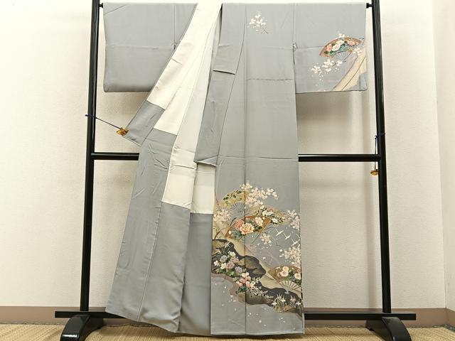 平和屋着物■訪問着　作家物　駒刺繍　飛鶴扇面花文　金彩　正絹　逸品　BAAY6334hj