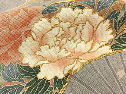 平和屋着物■訪問着　作家物　駒刺繍　飛鶴扇面花文　金彩　正絹　逸品　BAAY6334hj