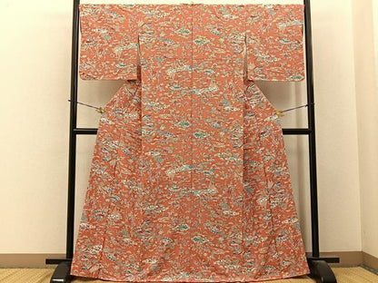 平和屋着物■上質な小紋　型染め　扇面風景花文　正絹　逸品　未使用　BAAY6350hj