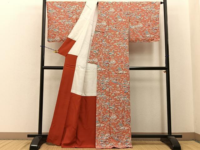 平和屋着物■上質な小紋　型染め　扇面風景花文　正絹　逸品　未使用　BAAY6350hj