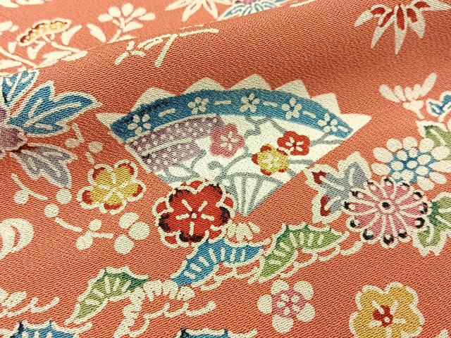 平和屋着物■上質な小紋　型染め　扇面風景花文　正絹　逸品　未使用　BAAY6350hj