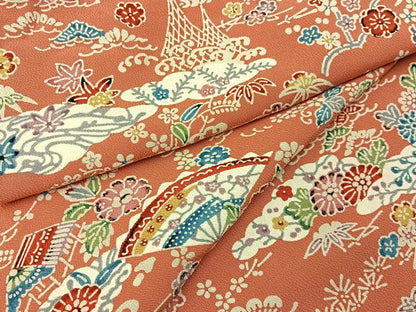 平和屋着物■上質な小紋　型染め　扇面風景花文　正絹　逸品　未使用　BAAY6350hj