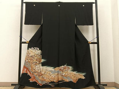 平和屋着物■豪華黒留袖　飛鶴文箱花文　暈し染め　金銀彩　正絹　逸品　BAAY6387hj