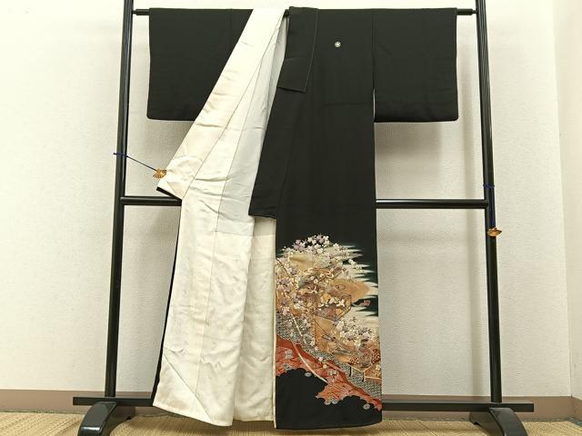 平和屋着物■豪華黒留袖　飛鶴文箱花文　暈し染め　金銀彩　正絹　逸品　BAAY6387hj