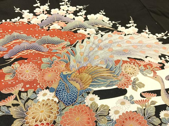 平和屋着物■豪華黒留袖　駒刺繍　孔雀花文　金彩　正絹　逸品　BAAY6390hj