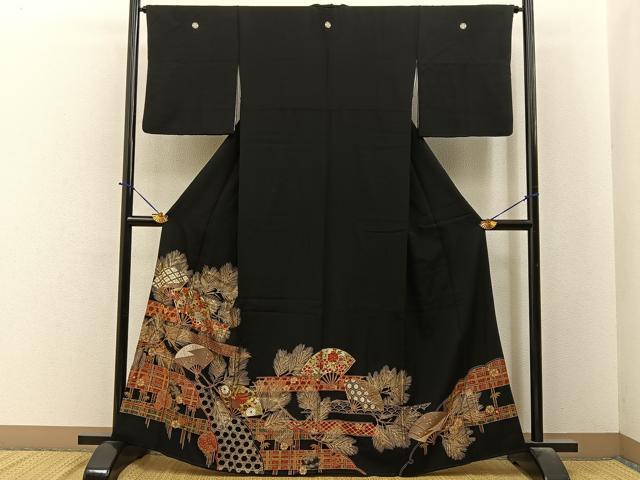 平和屋着物■豪華黒留袖　扇面吉祥花文　金銀彩　正絹　逸品　BAAY6391hj