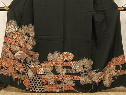 平和屋着物■豪華黒留袖　扇面吉祥花文　金銀彩　正絹　逸品　BAAY6391hj