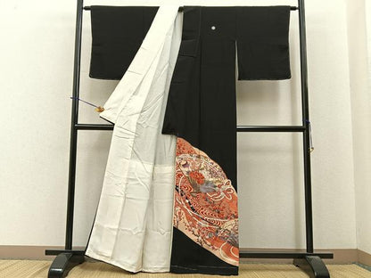 平和屋着物■豪華黒留袖　駒刺繍　檜扇花鳥文　金彩　正絹　逸品　未使用　BAAY6393hj