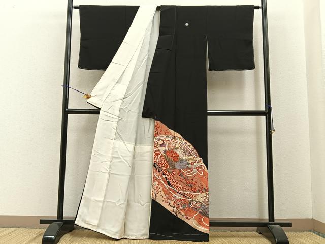 平和屋着物■豪華黒留袖　駒刺繍　檜扇花鳥文　金彩　正絹　逸品　未使用　BAAY6393hj