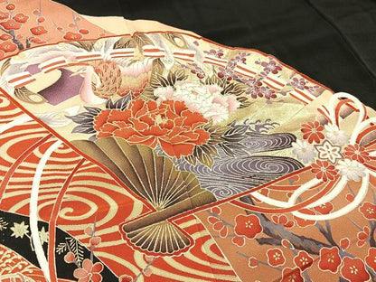平和屋着物■豪華黒留袖　駒刺繍　檜扇花鳥文　金彩　正絹　逸品　未使用　BAAY6393hj
