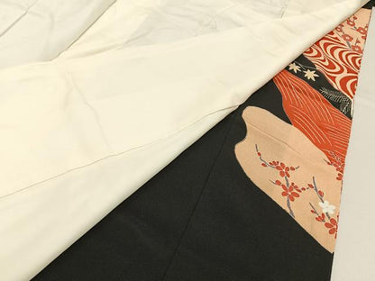 平和屋着物■豪華黒留袖　駒刺繍　檜扇花鳥文　金彩　正絹　逸品　未使用　BAAY6393hj