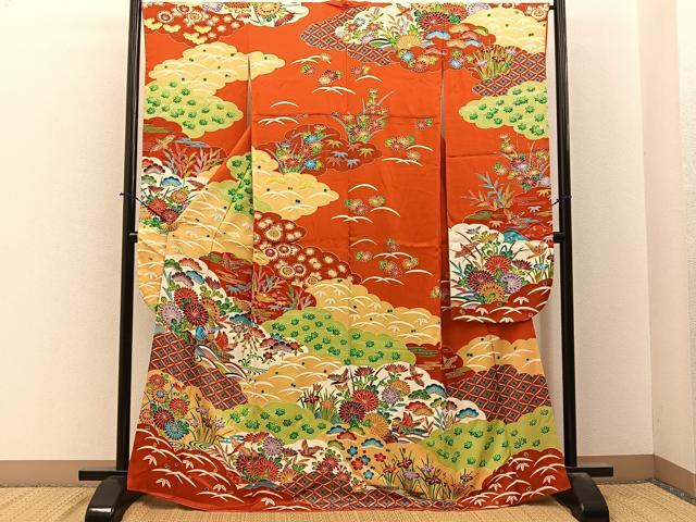 平和屋着物■豪華振袖　型染め　雲重ね花鳥文　正絹　逸品　BAAY6409hj