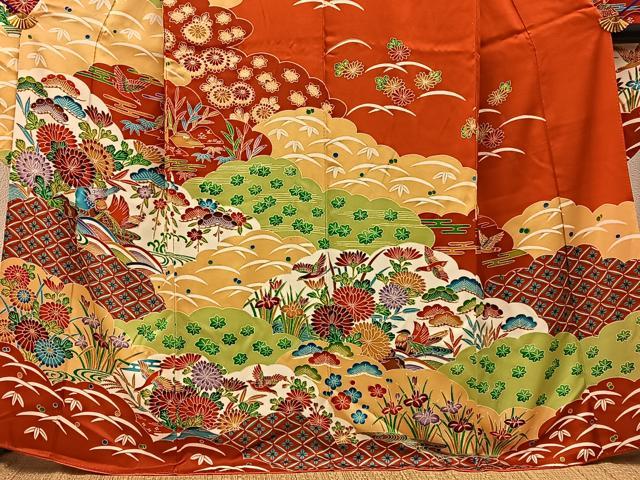 平和屋着物■豪華振袖　型染め　雲重ね花鳥文　正絹　逸品　BAAY6409hj