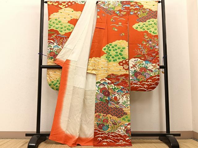 平和屋着物■豪華振袖　型染め　雲重ね花鳥文　正絹　逸品　BAAY6409hj