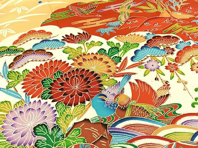 平和屋着物■豪華振袖　型染め　雲重ね花鳥文　正絹　逸品　BAAY6409hj