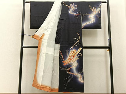 平和屋着物■訪問着　束ね熨斗花文　暈し染め　黒地　金彩　正絹　逸品　BAAY6412hj
