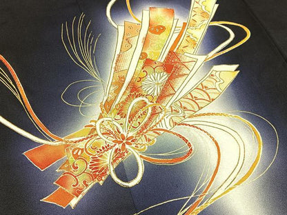 平和屋着物■訪問着　束ね熨斗花文　暈し染め　黒地　金彩　正絹　逸品　BAAY6412hj
