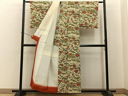 平和屋着物■本場手織紬　薬草染　松竹梅　風景花文　証紙付き　正絹　逸品　未使用　BAAY6459hj
