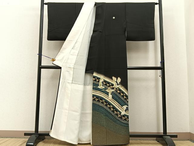 平和屋着物■豪華黒留袖　駒刺繍　飛鶴文　金彩　正絹　逸品　BAAY6462hj