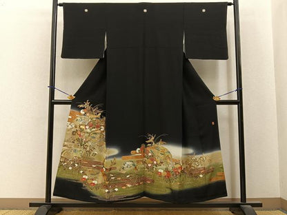 平和屋着物■豪華黒留袖　作家物　地紙花鳥文　暈し染め　金銀彩　正絹　逸品　BAAY6463hj