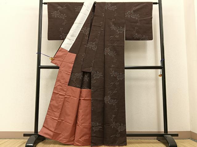 平和屋着物■上質な紬　胴抜き仕立て　枝花文　正絹　逸品　未使用　BAAY6467hj