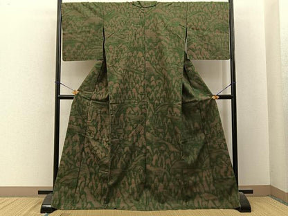 平和屋着物■上質な紬　胴抜き仕立て　風景文　ロング丈　正絹　逸品　BAAY6469hj